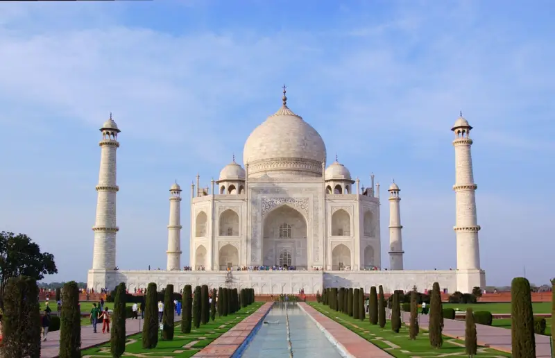 The iconic Taj Mahal in Agra, featured in the Luxury Golden Triangle India Group Tour, showcasing India's rich cultural heritage.